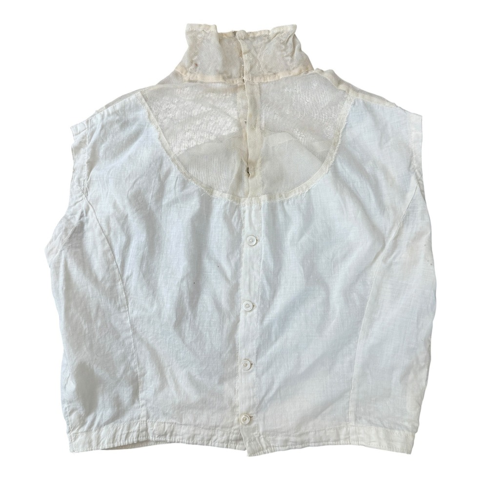 Antique Edwardian White Linen Blouse Sheer Net Lace High Neck Bodice M White